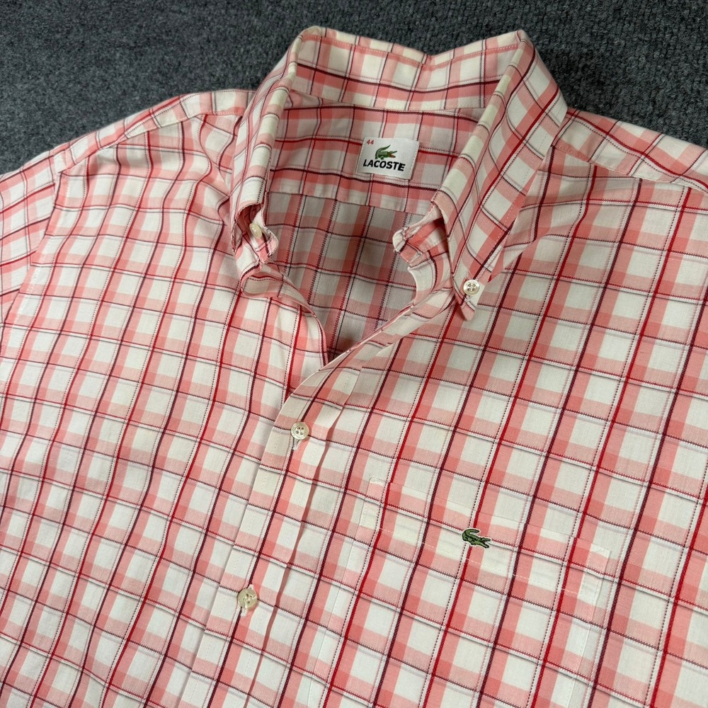 Lacoste Button Down Shirt Mens 44 XL Red Pink Plaid Short Sleeve Cotton Logo